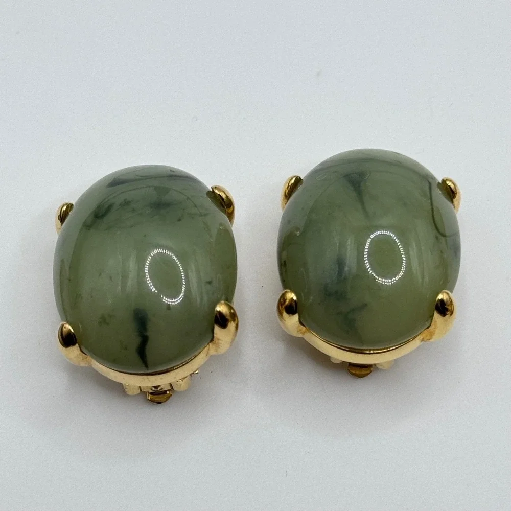 Joan Rivers Earrings Green Acrylic Cabochon Gold Tone Clip On